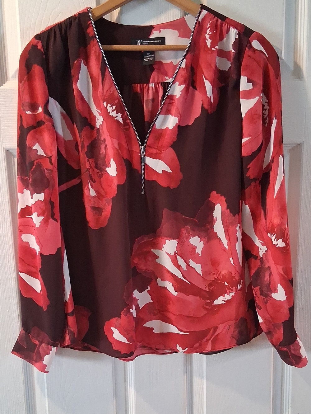 INC International Concepts Red Floral Zip-Front Blouse